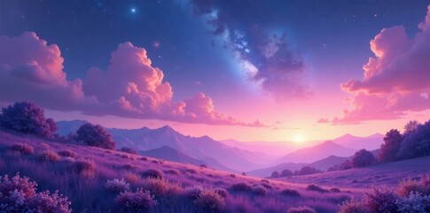 Wall Mural - pastel shades of peach and lavender light up a serene landscape under a starry sky, starry night, ga
