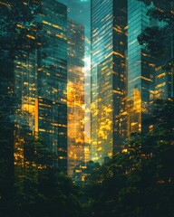 Poster - Urban Jungle Tall Buildings with Light and Trees Creating a Unique Cityscape at Night