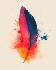 Poster - Artistic Feather Illustration with Vibrant Red Orange Yellow and Blue Watercolor Effect