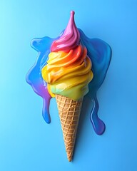 Poster - Colorful Ice Cream Cone with Dripping Paint on a Blue Background Creates a Playful Scene