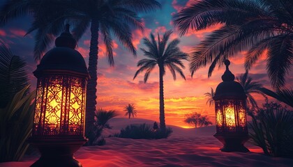 Wall Mural - Illuminated Lanterns at Sunset in a Tropical Desert