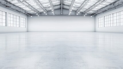 Bright and Spacious Industrial Warehouse Interior with High Ceiling and Large Windows for Storage or Event Space
