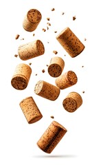 Poster - Corks in Motion Elegant Composition of Wine Corks Suspended in Air on White Background