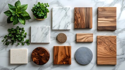 Poster - Material Palette with Natural Wood Stone and Greenery on Elegant Marble Surface