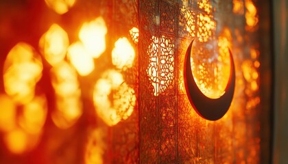 Wall Mural - Intricate Orange Lantern with Crescent Moon Cutout and Warm Bokeh Lights