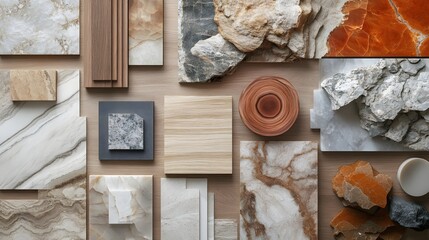 Poster - Varied material samples for interior design showcasing stone wood and tile on wood surface