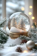 Poster - Winter Scene with Snow Globe Featuring Silver Trees and Festive Holiday Decoration