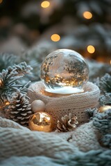 Poster - Christmas Magic Snow Globe with Golden Lights and Pine Cones on Creamy Knitted Fabric