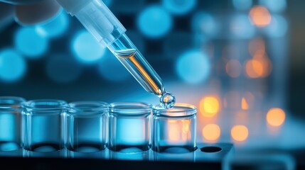 Poster - Close-Up of Dropper Releasing Liquid into Test Tube with Bokeh Lights