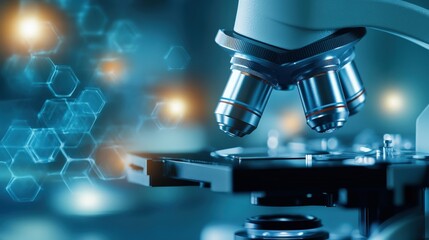 Poster - Close-Up of a Microscope with Molecular Structure Background