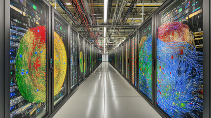 Poster - Data center operations high-tech facility digital infrastructure controlled environment aisle perspective technology innovation