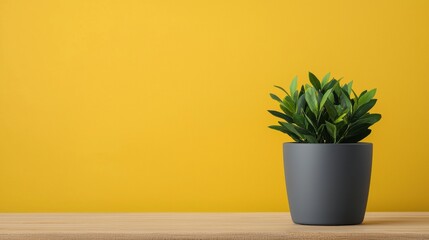 Wall Mural - Green Plant in Gray Pot on Wooden Table Against Bright Yellow Background for Modern Decor and Interior Design Inspiration