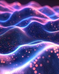 Poster - Abstract Digital Landscape with Glowing Particles and Wavy Lines in Purple and Blue Hues