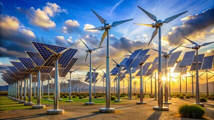 A picturesque array of solar panels and wind turbines gracefully stand in a verdant field, silhouetted against a breathtaking sunset