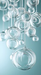 Poster - Elegant Glass Orbs Suspended on Thin Filaments Against a Soft Blue Background Creates a Serene Mood