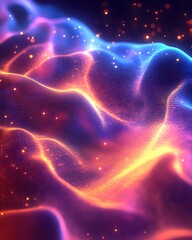 Poster - Abstract Digital Landscape with Glowing Particles and Wavy Terrain in Vibrant Colors