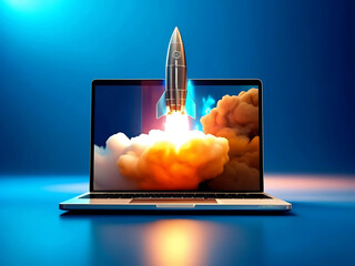 rocket coming out from a laptop screen, symbolizing startup success, technology innovation, and digi