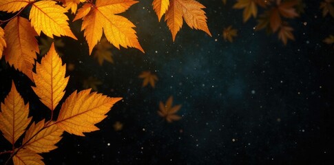 Wall Mural - encaustic leaves on a dark background with light glow, yellow, natural, dark