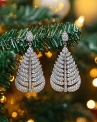 Poster - Festive Sparkle Diamond Earrings Adorn Christmas Tree Branch Holiday Jewelry Display