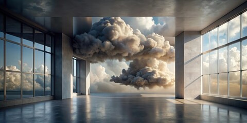 Sticker - Envisioning a Serene Workspace with Clouds as the Ceiling, a Modern Architectural Design Concept Featuring Expansive Windows and a Polished Concrete Floor