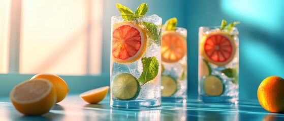 Poster - refreshing citrus infusion summer drink with grapefruit lime and mint in a bright setting