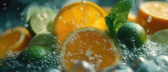 Poster - Refreshing Citrus Splash Vibrant Orange and Lime Slices with Bubbles and Mint Leaf