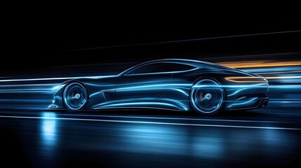 Poster - Sleek Modern Car Speeding Through Dark Cityscape with Dynamic Blue Light Trails Effect