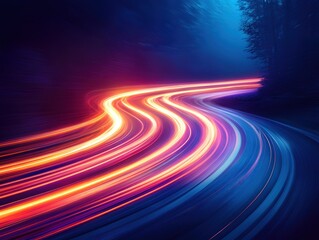 Poster - Dynamic Light Trails on Curved Road in Night Abstract Futuristic Design