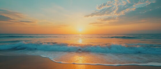 Poster - Serene Beach at Sunset with Gentle Waves and Golden Light Casting a Warm Glow on the Shore