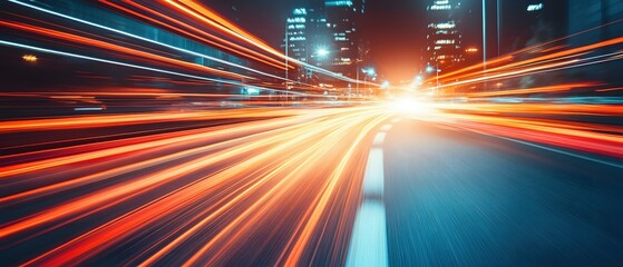 Poster - Dynamic Cityscape at Night with Light Trails Creating a Sense of Speed and Futuristic Energy