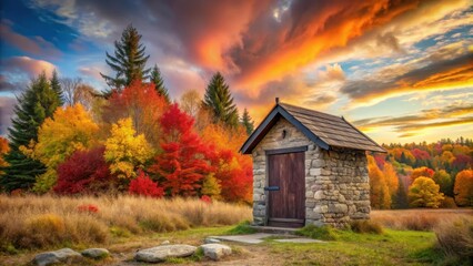 Sticker - Autumnal Stone Structure Beside Vibrant Fall Foliage Under a Dramatic Sunset Sky