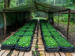 Poster - Jungle nursery rows of seedlings under tarp