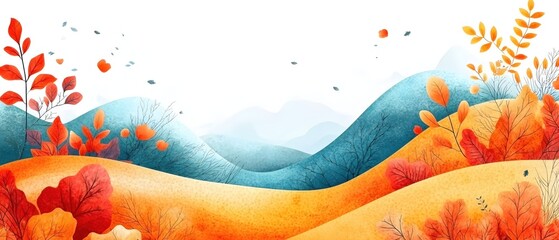 Poster - Watercolor Landscape with Autumnal Foliage and Rolling Hills in Soft Pastel Colors