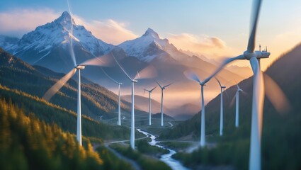 Poster - wind turbines in a serene mountain landscape during sunrise with soft light illuminating the surroun