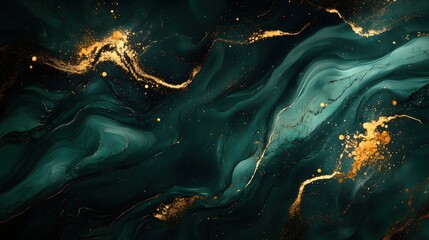 Poster - Elegant dark green abstract fluid art with golden accents and sparkling glitter