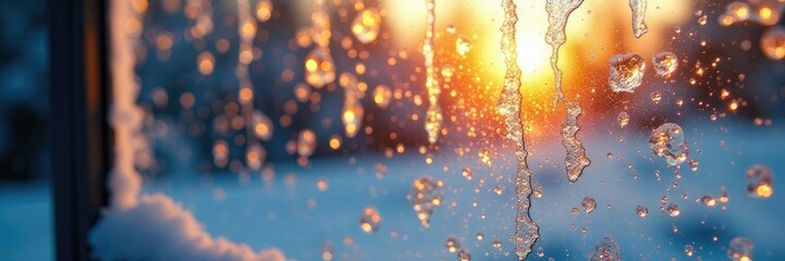 Wall Mural - Icicles in the morning light with frost on windowpane, glassy, windowpane