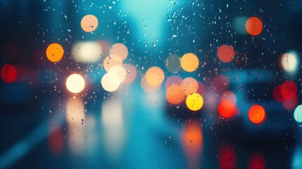 Poster - Rainy Night City Lights Through Glass with Water Droplets in Abstract and Dreamy Style
