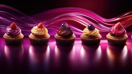 Wall Mural - Colorful assortment of gourmet cupcakes with vibrant frosting and berries against a dynamic background