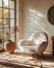 Poster - Serene Interior with Modern Armchair Sunlight and Natural Elements in Warm Tones