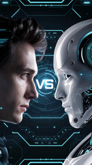 Poster - A close-up of a human's face versus a robot's face, symbolizing the conflict between human intelligence and artificial intelligence, with futuristic digital elements.