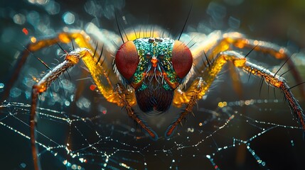 iridescent fly trapped in spider s shimmering web striking pest concept with copy space