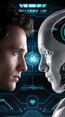 Poster - A close-up of a human's face versus a robot's face, symbolizing the competition between human intelligence and artificial intelligence in a futuristic digital world.