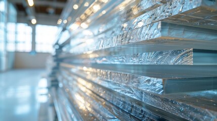 Poster - Translucent glass panels are aligned in a contemporary setting, allowing sunlight to create reflections while enhancing the space's modern aesthetic and open feel