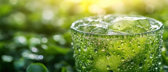 Poster - Refreshing Drink with Ice Cubes and Water Droplets in a Glass on a Green Background