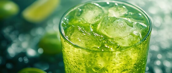 Poster - Refreshing Green Drink with Ice Cubes in Glass Close Up on Bokeh Background Summer Vibe