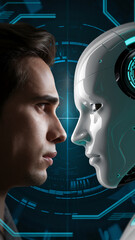 Poster - Close-up of a human face and a robot face facing each other, symbolizing the concept of artificial intelligence, technology, and the future of human-robot interaction.
