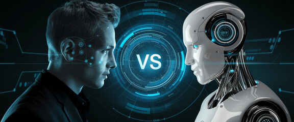 Poster - Close-up of a human and robot face facing each other with a 