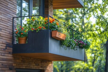 Poster - Balcony Adorned with Vibrant Orange Flowers and Lush Greenery on a Modern Brick Building