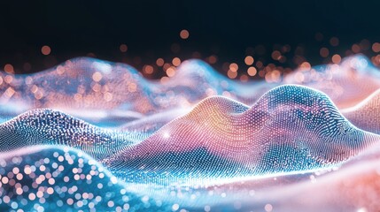 Poster - Cyber space is visually represented in a futuristic manner, with moving data embodied by glowing particles and wavy patterns on a somber backdrop