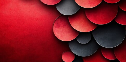 Poster - A textured background with a modern abstract art style displays red and black hues, incorporating angled curves and striped lines or ribbon shapes